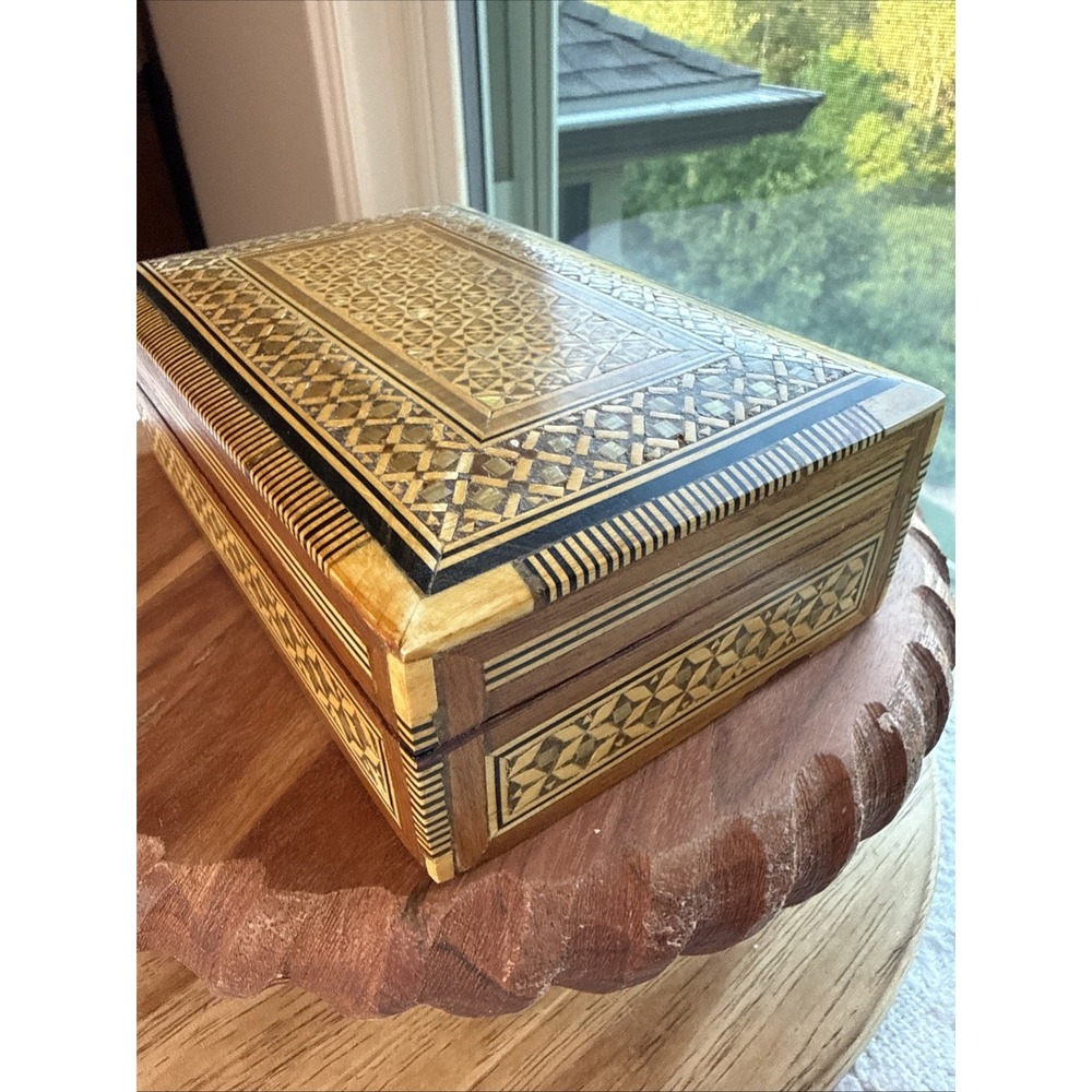 Vintage Ultra Micro Mosaic Mother Of Pearl Inlay Wooden Rectangle Box